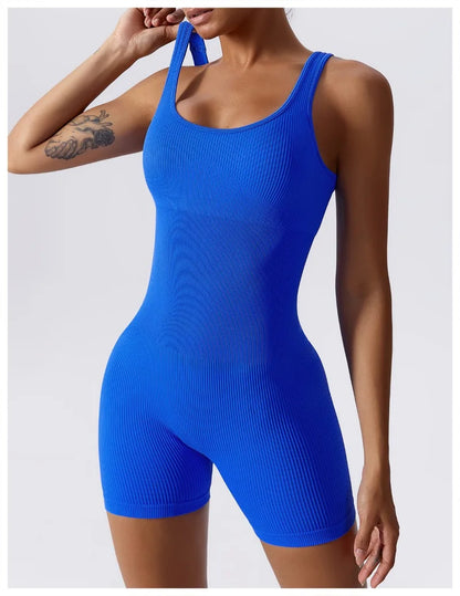 Women's Yoga Rompers One Piece Tummy Control Seamless Ribbed Jumpsuit Padded Sports Bra Workout Romper Fashion Fitness Sportwear