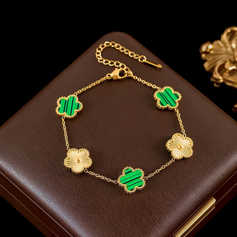 Stainless Steel White Plum Blossom Plant Leaf Flower Set Reversible Necklace Earrings Bracelet Women Clover Jewelry