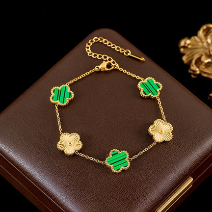 Stainless Steel White Plum Blossom Plant Leaf Flower Set Reversible Necklace Earrings Bracelet Women Clover Jewelry