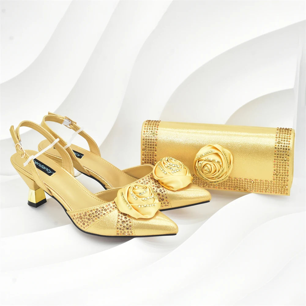 Luxury Italian Shoes and Bag Set for Women Pointed Toe High Heels Party Dress Female Pumps Decorated with Handmade Flowers