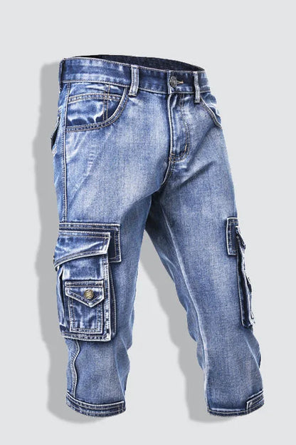 2025 New Summer thin stretch multi pocket workwear, slim fit denim shorts, cropped pants, casual jeans for men