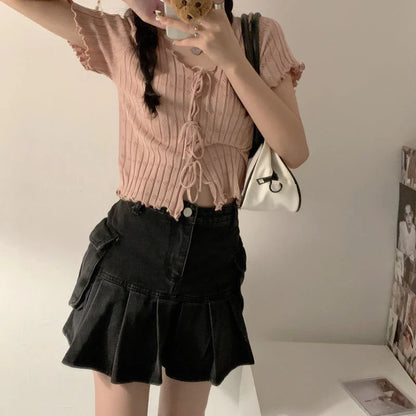 TShirt For Women V-neck Summer Simple Versatile Casual Crop Tops Bandage Ribbed Short Sleeve Women's Top T-Shirt Girl