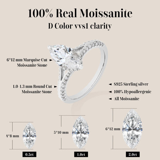 Exquisite Marquise Cut 2CT Moissanite Rings 925 Silver 18K Gold Plated Wedding Engagement Ring for Women Luxury Jewelry