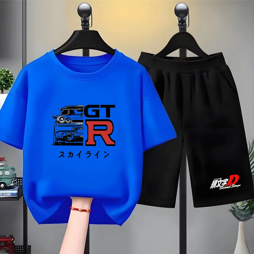 Kids Summer 2pcs Short Sleeve T-shirts+pants Suits 3-12 Years Boys Girls Casual Outfits Children Japanese Manga Racing Clothes