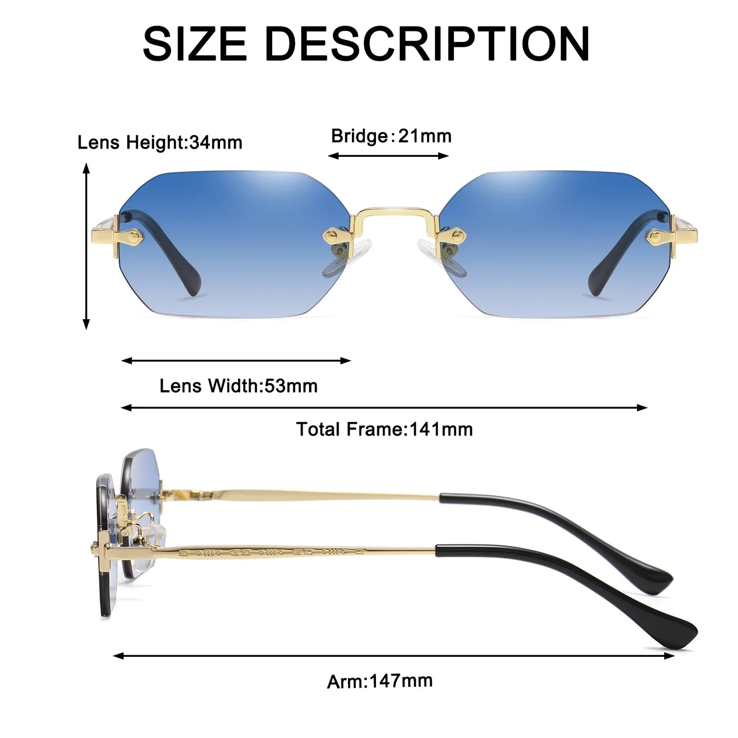 Rimless Rectangle Sunglasses – UV400 Gold Frame | Men & Women