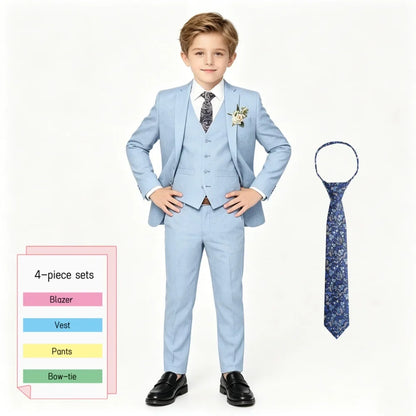 Boys' 4-Piece Slim Fit Suit Set in Sky Blue for Weddings & Graduation