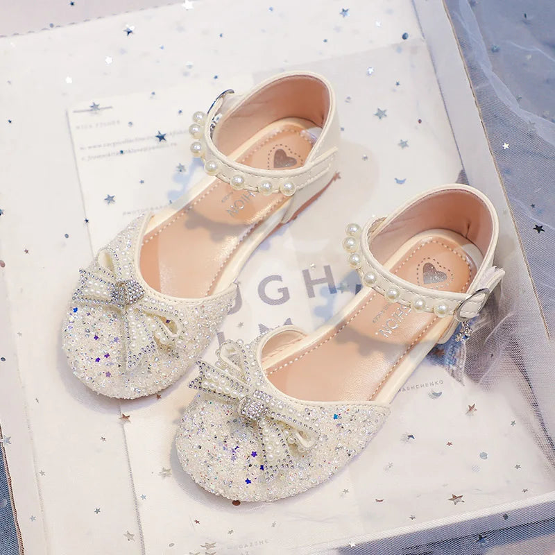 2026 Girls' Princess Shoes Spring And Summer Sandals White Flat Dress Shoes Pearl Decoration For Kids And Teens