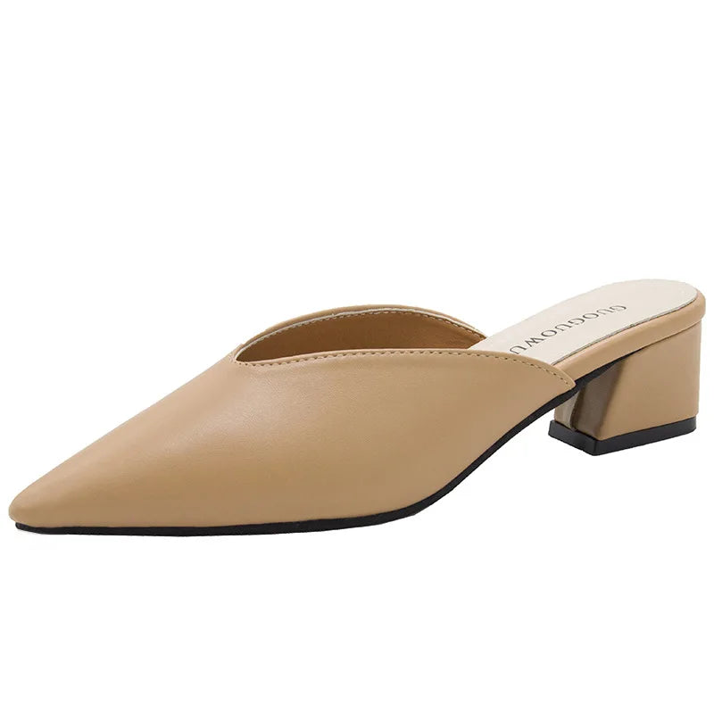 Pointed Slippers Women High Heels 2025 New Summer Shoes Fashion Luxury Slides Slip Loafers Square Heel Female Party Shoes