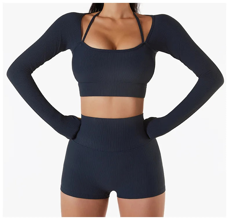 Women Yoga Set Gym Clothing Tracksuit Long Sleeve Crop Top One Shoulder Bra High Waist Seamless Leggings Fitness Sports Suits