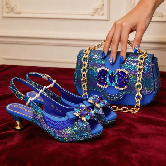 Women Italian Shoes and Matching Bags Sets Decorated with Rhinestone Luxury Designer Shoes Women Pumps for Bride Wedding