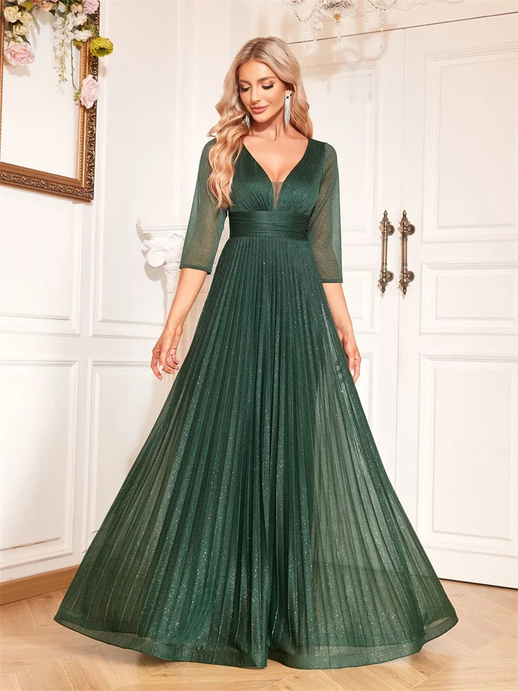Luxury Long Sleeve Formal Evening Dress Deep V-Neck Floor-Length Gown Women 2024 Chiffon A-line Prom Cocktail Dress