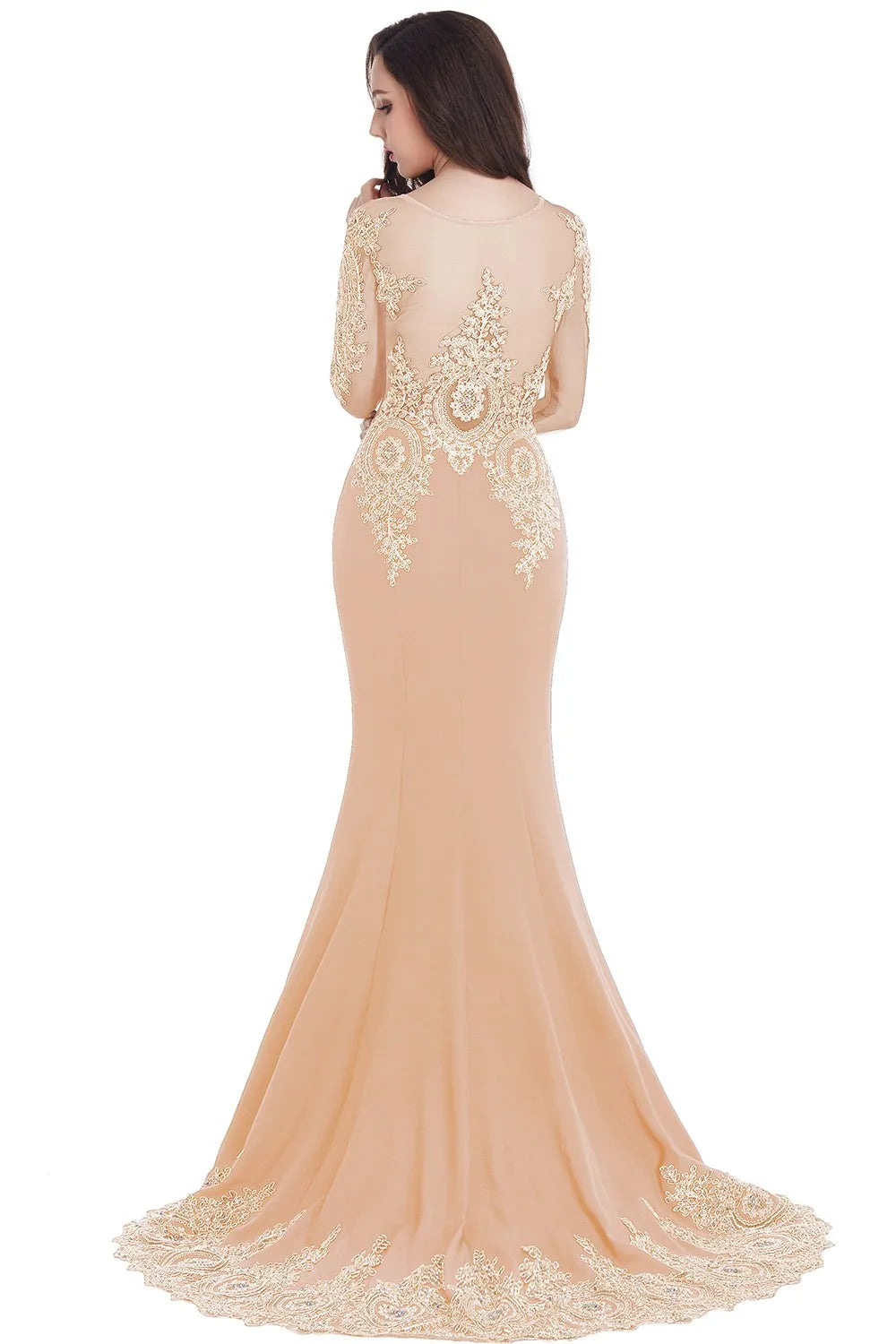 Prom Dresses Women Beading Long Sleeve Backless Elegant Lace Applique Formal Evening Party Gown For Bride Robe De Soirée