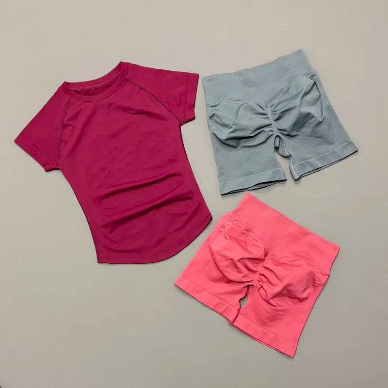 2 Piece Gym Sets Women Seamless Short Sleeve Top Butt Lifting Shorts Workout Fitness Running Sports Yoga Tracksuit