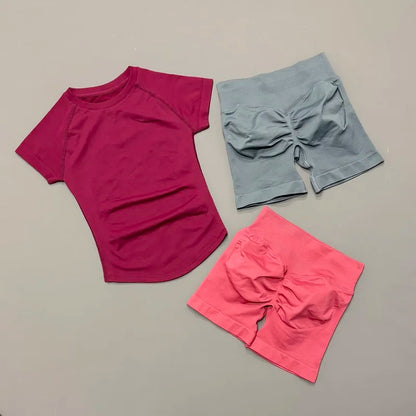 2 Piece Gym Sets Women Seamless Short Sleeve Top Butt Lifting Shorts Workout Fitness Running Sports Yoga Tracksuit