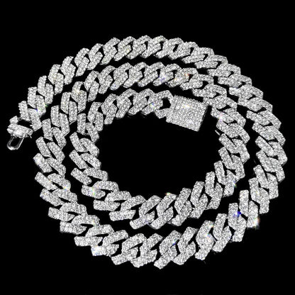 HipHop Men Women 14MM Prong Cuban Link Chain Necklace Bling Iced Out 2 Row Rhinestone Paved Miami Rhombus Cuban Necklace Jewelry