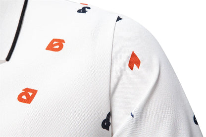 ‌2025 Summer New Men's Solid Color Polo Shirt with Printed Turn-Down Collar Casual Slim Fit Breathable Comfortable Top‌