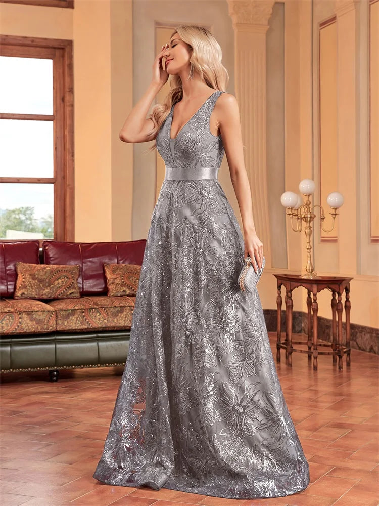 Luxury Sexy Deep V-Neck Sequins Blue Evening Dresses Women Elegant V-back Wedding Party Long Prom Cocktail Dress