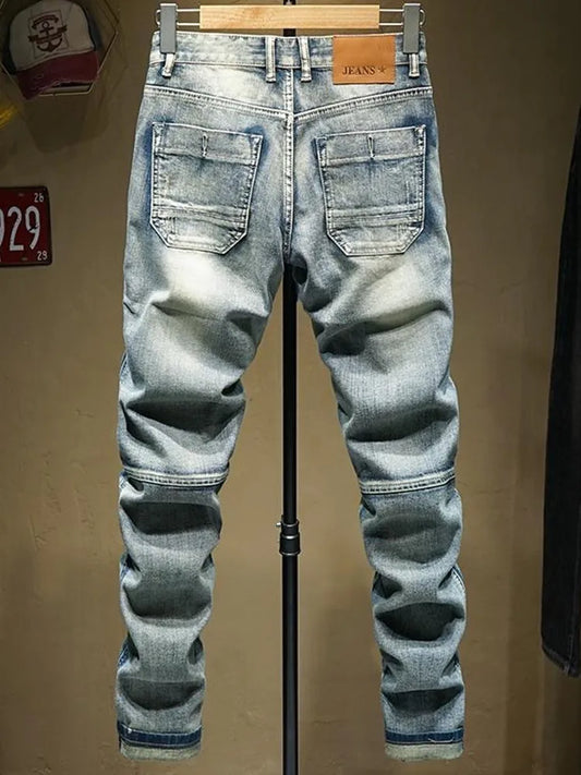 2024 Spring and Autumn New Fashion Trend Solid Color Retro Motorcycle Jeans Men's Casual Loose Comfortable Straight Leg Pants