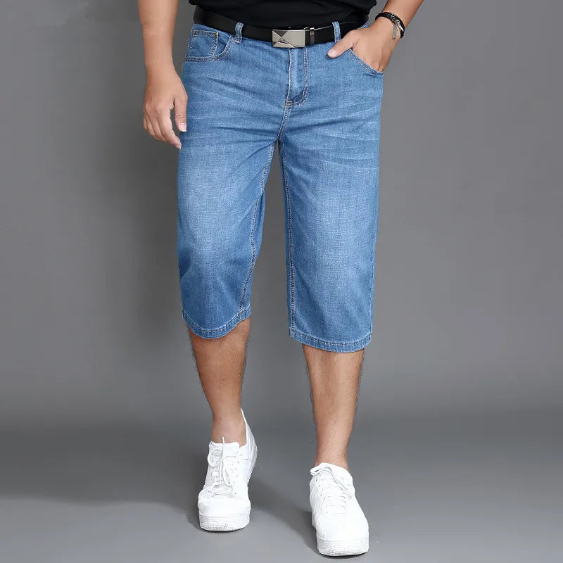 Summer Shorts Calf Length Trousers Plus Size 48 42 Men Denim Elastic Stretched Thin Jean Oversized Classic Straight Streetwear