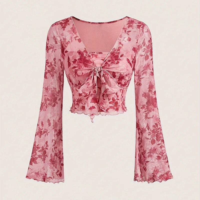 Summer Women's Y2k Floral Printed Sweet V-Neck T-shirts Mesh Beach Party Dress Top Flare Sleeve Square Collar Lace Up Shirt 2025