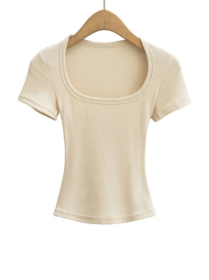 Women's Slim Fit Square Collar Crop Top High Stretch Short Sleeve Pullover Sexy Summer Blouse T-shirt for Bottoming