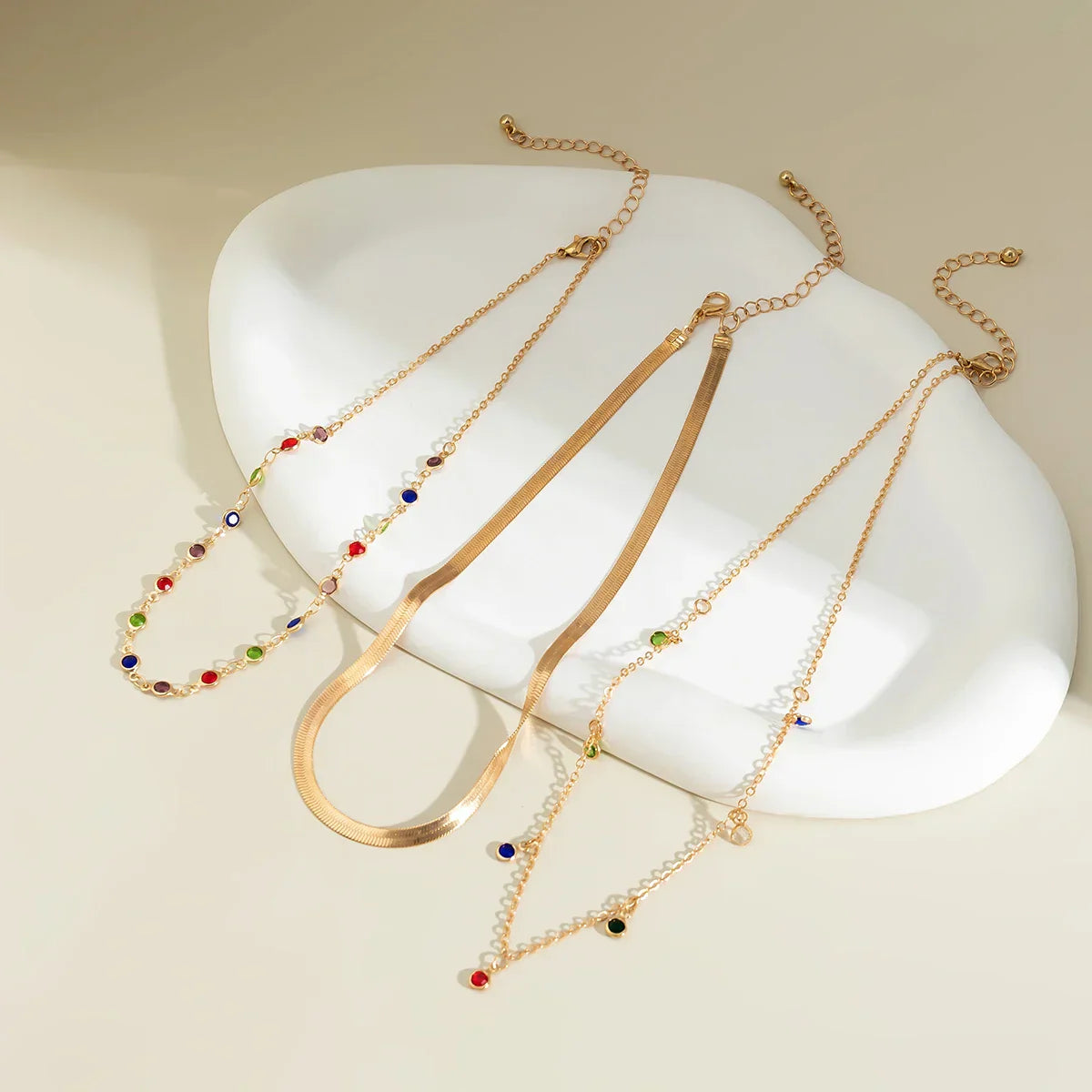 Trendy MultiLayered Color Crystal Chain Choker Necklace for Women Boho Flat Snake Chain Clavicle Short Necklace