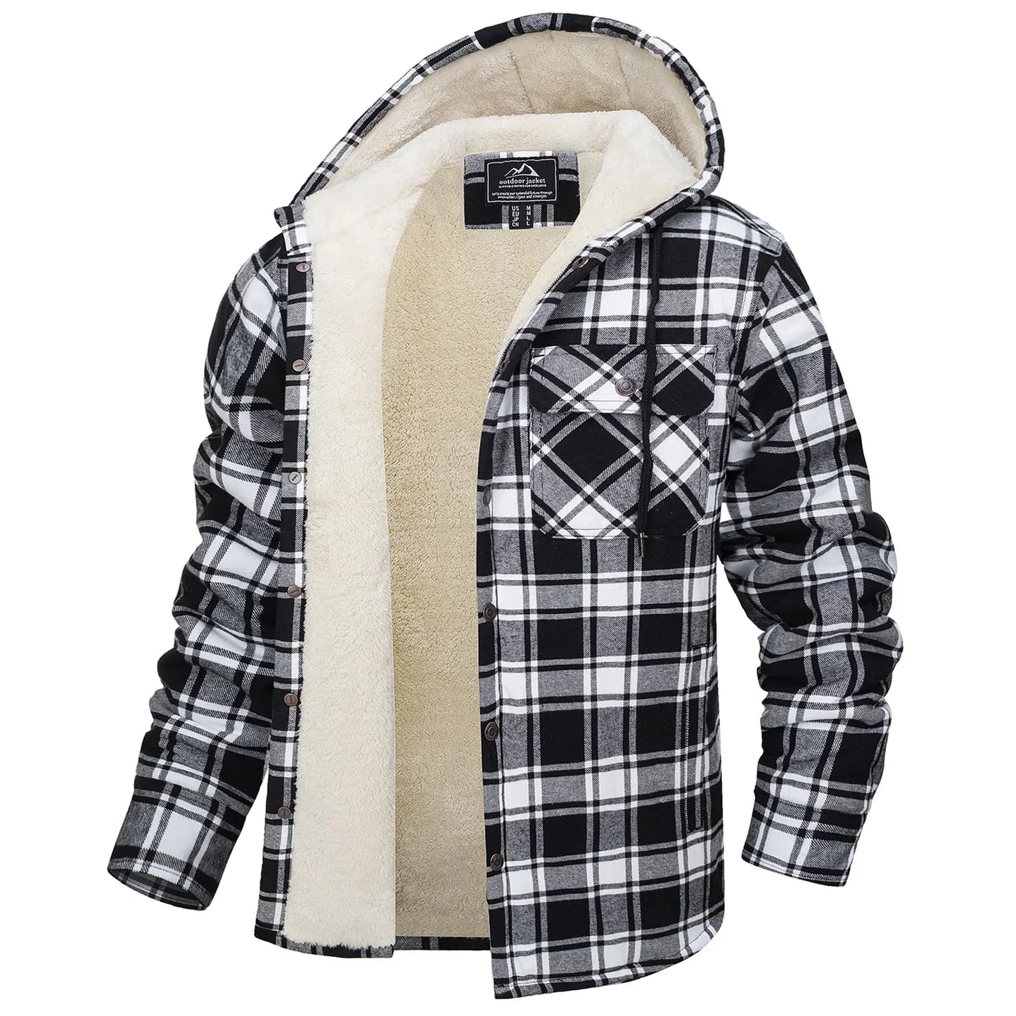 Sherpa Lined Flannel Jacket Mens Heavyweight Hooded Fleece Jacket Thicken Warm Button Down Plaid Jacket Outwear Coats