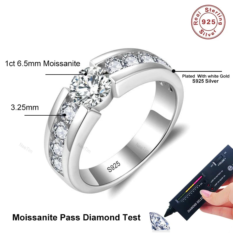 Full Moissanite Wedding Ring for Men 925 Sterling Silver with Gold Plated Eternity Band Man's Lab Diamond Party Rings