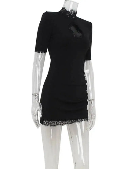 Sexy Sheath Women's Mini Dresses Solid Lace Turtleneck Slim Fit Bodycon Hollow Out Half Sleeves Streetwear Vestidos Robe GX98