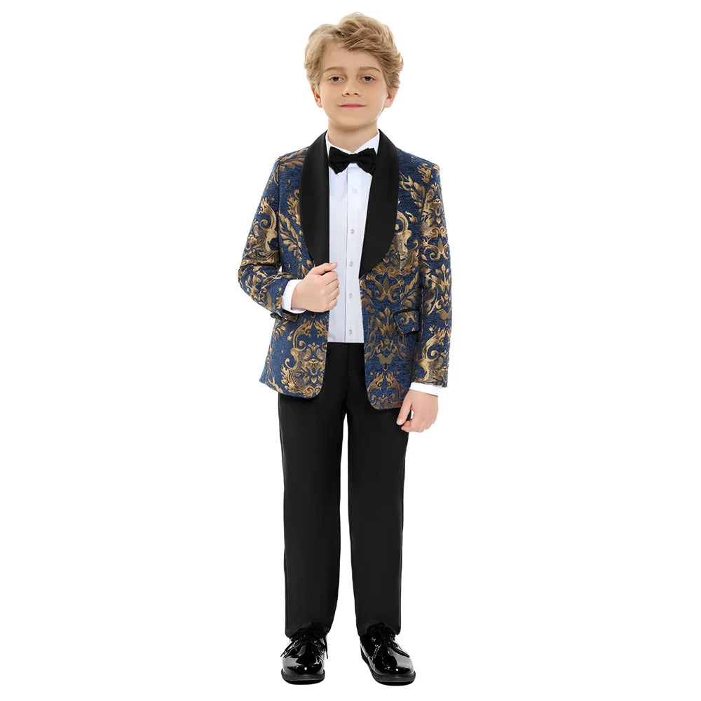 Ornate Jacquard Toddler Suit Set Jacket Pants Bowtie Kids Luxe Concert Tuxedo Ring Bearer Waist Adjustable 3-14 Yrs Suits Suitab