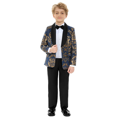 Ornate Jacquard Toddler Suit Set Jacket Pants Bowtie Kids Luxe Concert Tuxedo Ring Bearer Waist Adjustable 3-14 Yrs Suits Suitab
