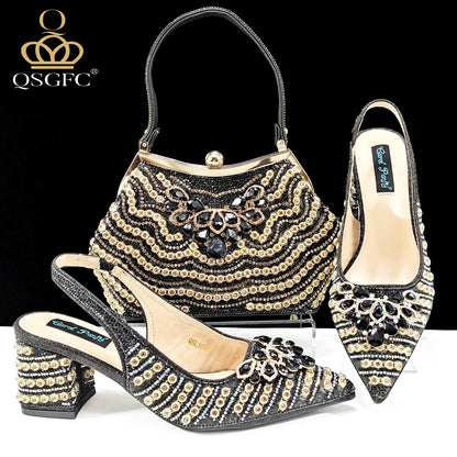 Full Rhinestone Comfortable high heel shoes And Bag Fashion Style Pointed-Toe Shoes For Women