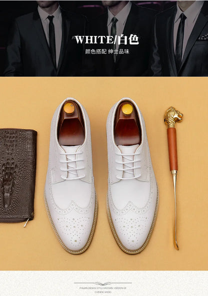 Luxury Men's Dress Shoes Genuine Leather Brogue Wingtip Toe Oxford White Lace-Up Business Wedding Formal Men Shoes