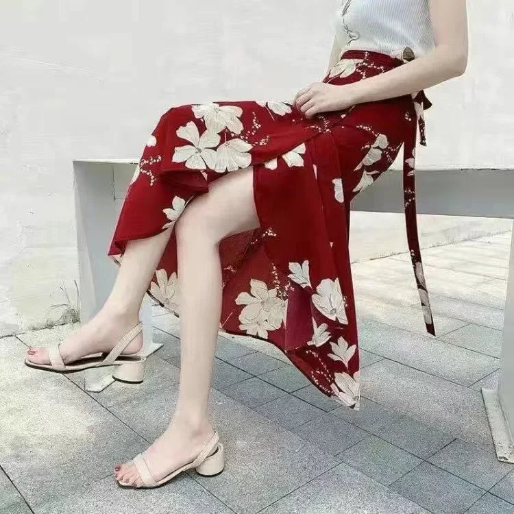 11 Colors Women's Summer High Waisted Lace-Up Sexy Wrap Midi Skirt Korean Trendy Beach Elastic Waist Solid All-Match Skirt