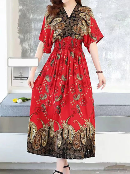 Flower V-neck Elastic Youthful Bohemian Sweet Midi Dress Woman Clothes Chic Fashion Summer Dresses 2025 Large Swing Ski