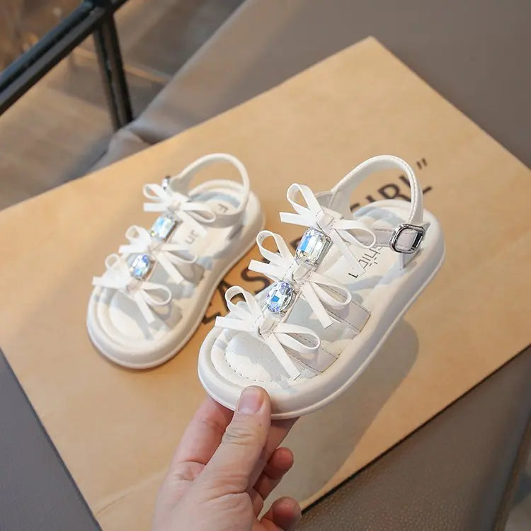 Summer Kids Fashion Hollow-out Roman Sandals Student Water Diamond Bow Sandals Sweet Bowknot Comfortable Elegant Girls Shoes