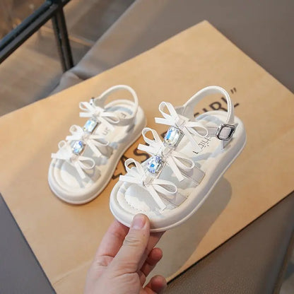 Summer Kids Fashion Hollow-out Roman Sandals Student Water Diamond Bow Sandals Sweet Bowknot Comfortable Elegant Girls Shoes