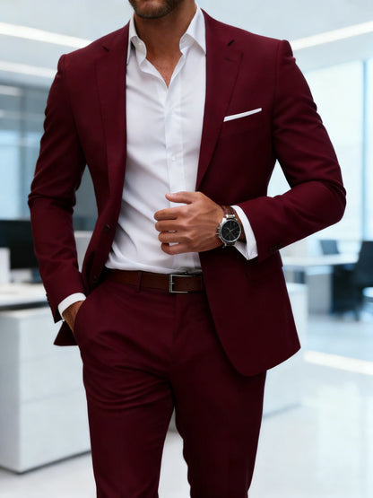 Men's Burgundy 2-Piece Suit Set (Blazer + Trousers Only, No Vest Included),Slim Fit Formal Business Wedding Party Jacket & Pants