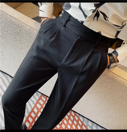 Men's Slim Fit Naples Business Casual Trousers Made of Autumn and Winter Wool, Thickened for Warmth, Classic Ankle-length Pants.