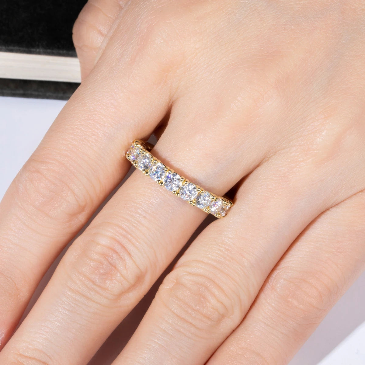 3.5mm D Color Moissanite Eternity Band Ring 925 Sterling Silver 14k Yellow Gold Plated Wedding Rings for Women Jewelry
