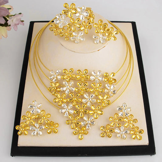 Fashion Silver Gold Color Hollow Shape Necklace Earrings Bracelet Ring Set for Women Exaggerated Design Jewelry Gift for Party