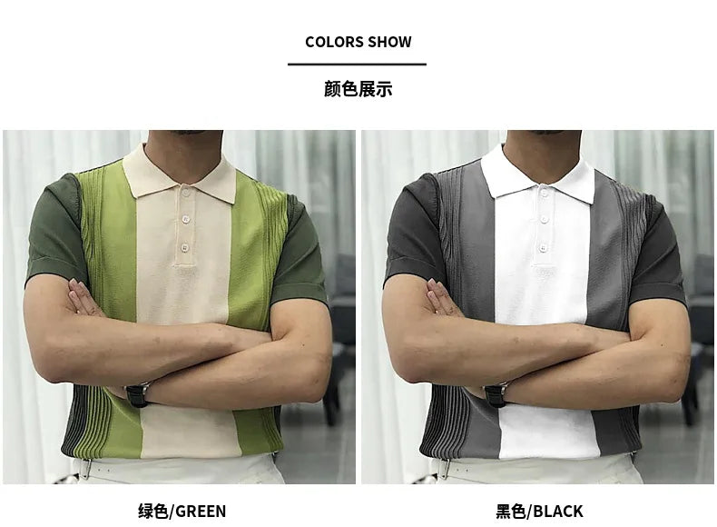 Summer Men's Clothing Luxury Knit Short Sleeve Polo Shirt Retro Button-down Patchwork Popular Fashion Business Leisure Knitwear