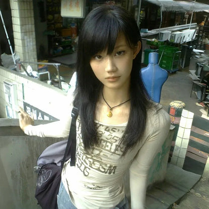 Karrram Camiseta Japonesa Y2k com Estampa de Letras Trashy Estilo Anos 2000 Blusas Caneladas de Manga Comprida Vintage Harajuku Streetwear Retrô Americano