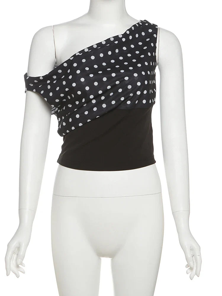 Polka Dots Print T-Shirts Women Summer Trend Skew Collar Off Shoulder Backless Street Fashion Trend Ruched Crop Tops