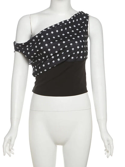 Puss Polka Dots Print T-Shirts Women Summer Trend Skew Collar Off Shoulder Backless Street Fashion Trend Ruched Crop Tops