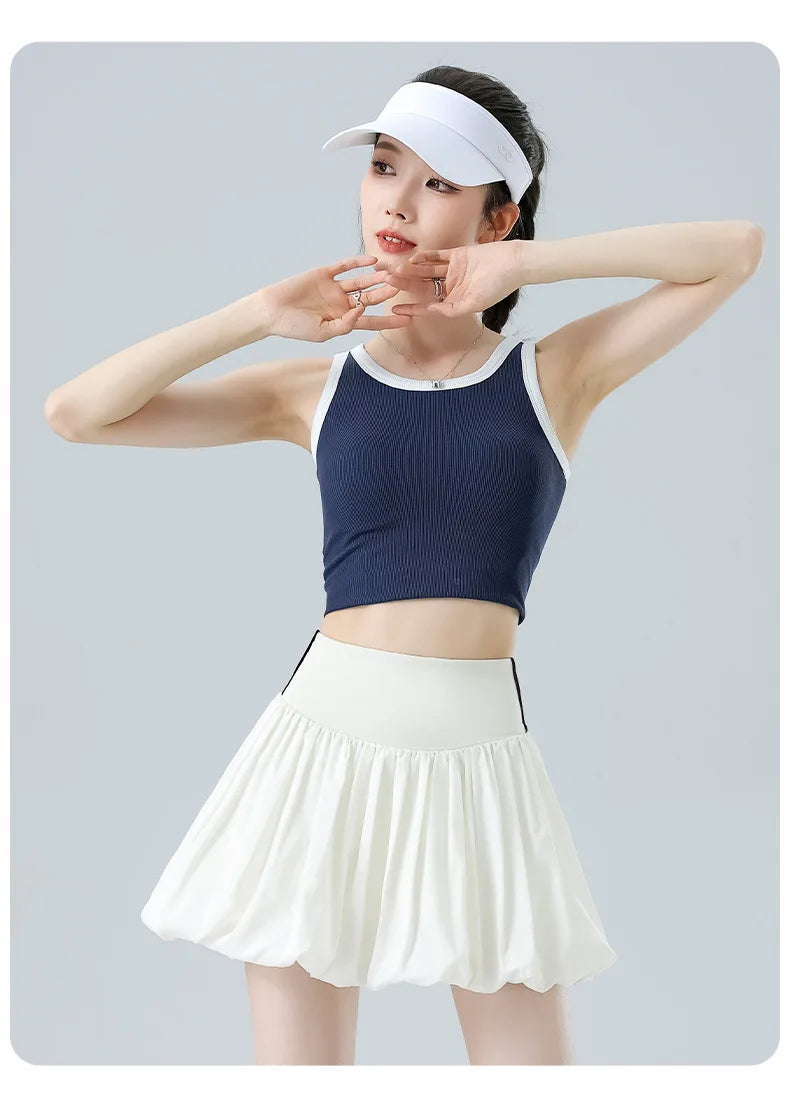 Women Summer Tennis Skirt High Waist Flared Flounce Skirt 2 in 1 with Shorts Anti-Exposure Athletic Pleated Golf Skirt Workout