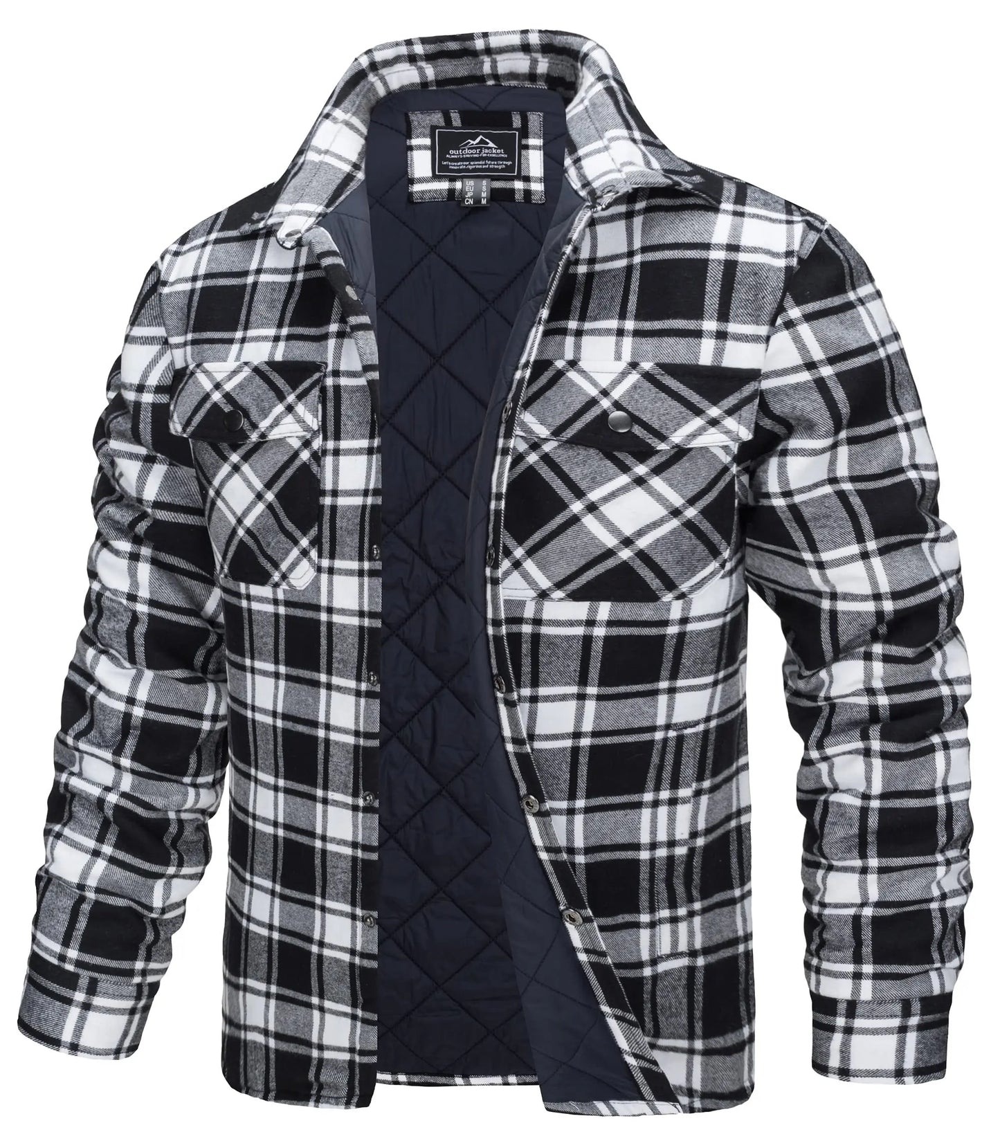 Winter Plaid Cotton Jackets Mens Long Sleeve Quilted Lined Flannel Shirt Jacket Multi-Pockets Outwear Hiking Coats Tops