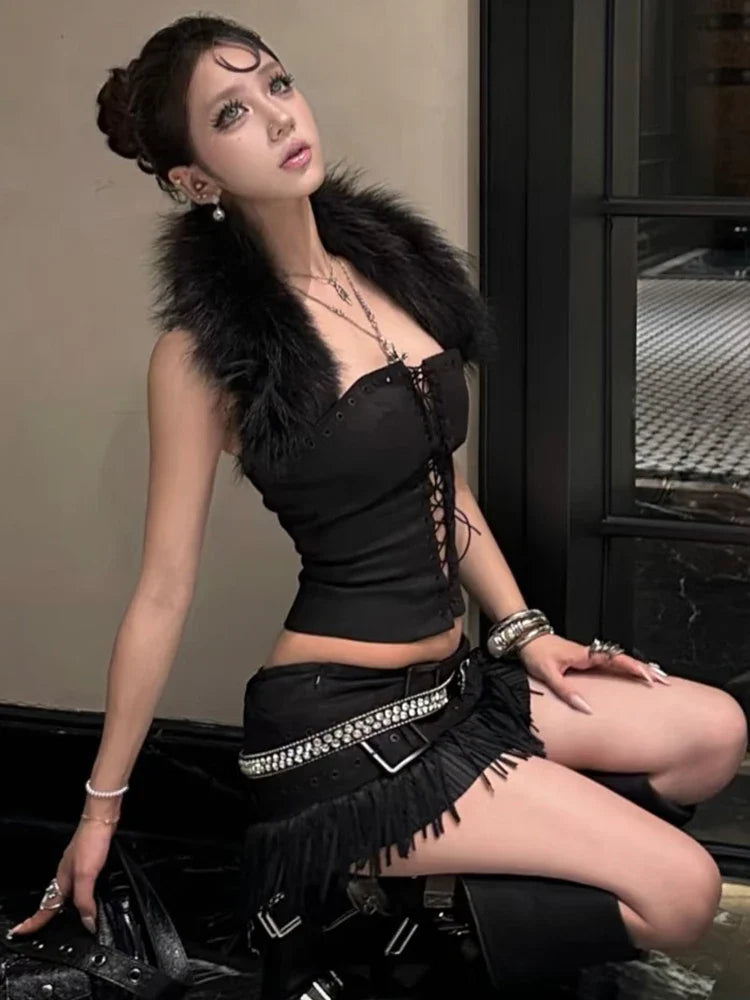 Furry Patchwork Sexy Tank Top Women Y2K Halter Backless Shirring Sleeveless Stretch Coquette Midnight Party Clubwear