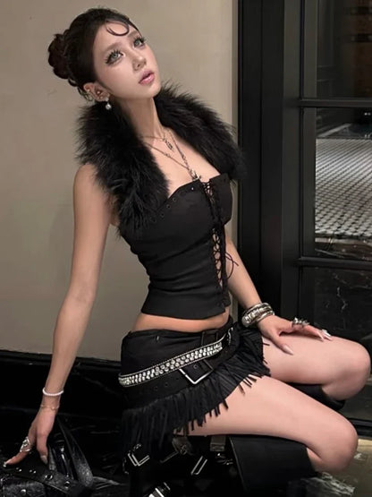 Furry Patchwork Sexy Tank Top Women Y2K Halter Backless Shirring Sleeveless Stretch Coquette Midnight Party Clubwear