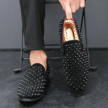 Hairdresser personality trend rivet hot diamond Loafers men's British vintage rhinestone shoe hipster leather shoes